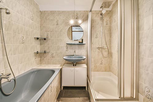 amazing small bathroom with beige tiles