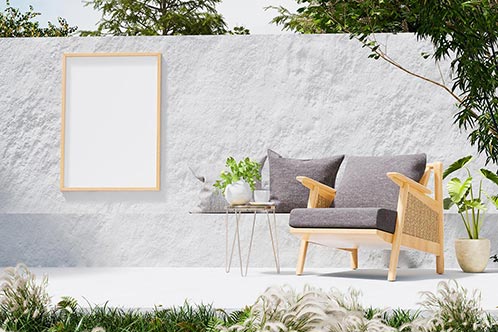 Blank Frame Wall With Concrete Patio Outdoor Living Area 3d Rendering