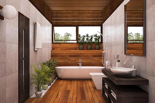 contemporary wood bathroom with plants