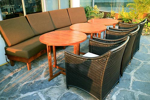 Empty Sofas Chairs With Round Tables Rooftop Terrace