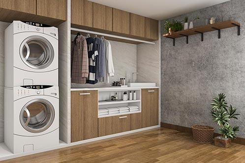 3D Rendering Wood Laundry Room With Concrete Wall Photo